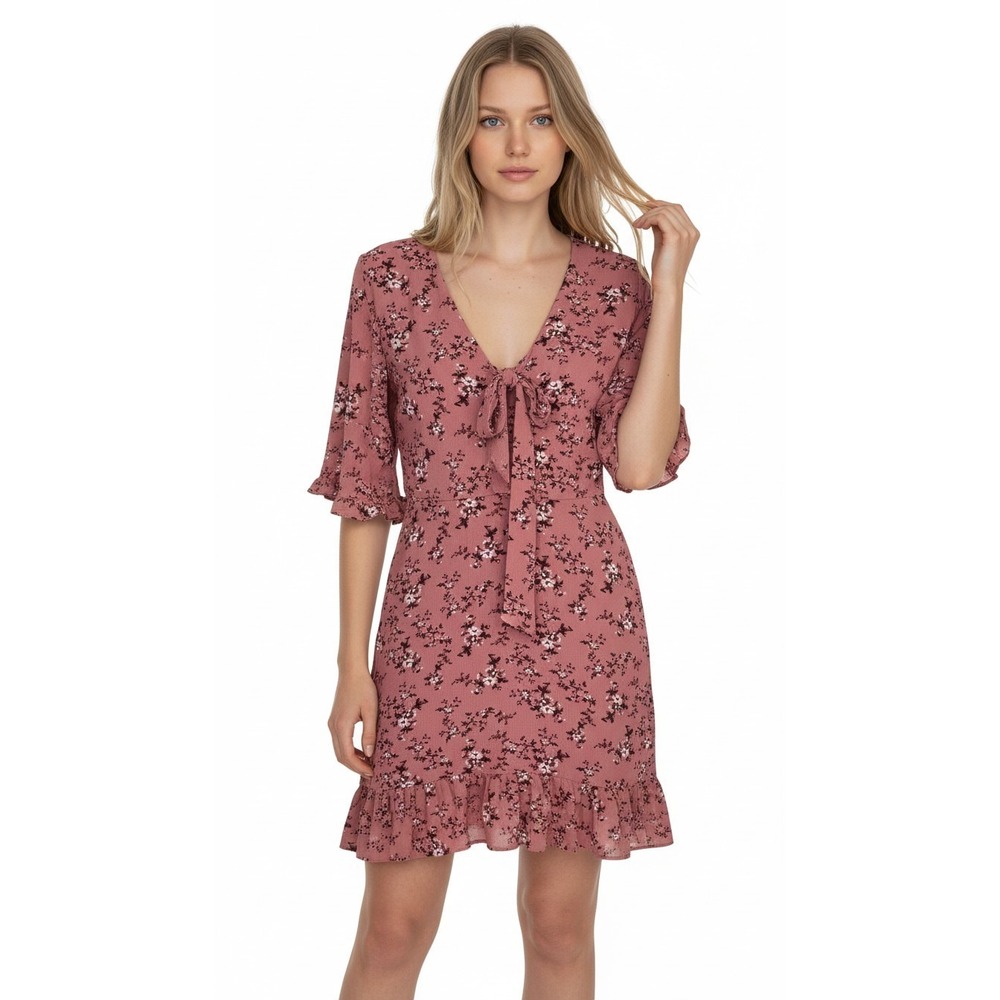 Blue Rain Rose Pink Floral Ruffle Mini Dress V-Neck Tie Front Medium